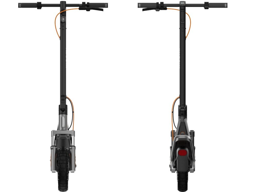 Hulajnoga elektryczna XIAOMI Electric Scooter 6 Pro 70km 400W 2 amortyzatory 12 cali Czarny białe tło hulajnoga widoczna w dwóch ujęciach od przodu i od tyłu przednie światło o mocy 2,5 W bardzo dobra widoczność w ciemności (nawet do 15 metrów) wbudowane kierunkowskazy tylne światło stopu bezpieczeństwo