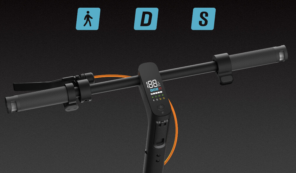 Hulajnoga elektryczna XIAOMI Electric Scooter 6 Pro 70km 400W 2 amortyzatory 12 cali Czarny ciemne tło zbliżenie na kierownicę na górze ikony trybów jazdy 3 tryby jazdy tryb PIESZY prędkość do 6 km/h tryb STANDARD prędkość do 15 km/h tryb SPORT prędkość do 20 km/h