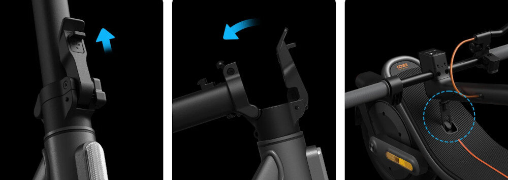 Hulajnoga elektryczna XIAOMI Electric Scooter 6 45km 400W 2 amortyzatory 12 cali Czarny ciemne tło trzy zdjęcia pokazujące mechanizm składania składana konstrukcja do wymiarów 1274 x 619 x 595 mm łatwy transport prosty system składania zwolnienie mechanizmu pociągnięcie zatrzasku popchnięcie kierownicy do przodu