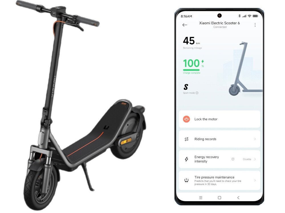 Hulajnoga elektryczna XIAOMI Electric Scooter 6 45km 400W 2 amortyzatory 12 cali Czarny białe tło hulajnoga widoczna od przodu pod skosem obok zdjęcie telefonu z włączoną aplikacją moduł Bluetooth aplikacja XIAOMI Home App na system Android i iOS pełna kontrola nad pojazdem bezpośrednio ze smartfona dodatkowe funkcje diagnostyczne i statystyki jazdy