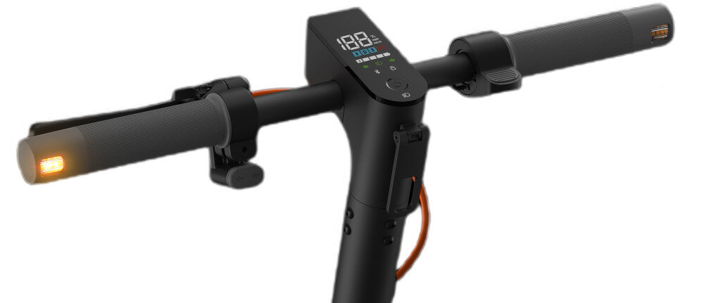 Hulajnoga elektryczna XIAOMI Electric Scooter 6 Lite Lite 25km 300W Amortyzacja 10 cali Czarny białe tło zbliżenie na przód kierownicy włączony wyświetlacz kierownica o wysokości 126,4 cm podróżowanie w wyprostowanej pozycji ciała przejrzysty wyświetlacz wysoka rozdzielczość informacje w czasie rzeczywistym