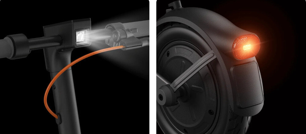 Hulajnoga elektryczna XIAOMI Electric Scooter 6 Lite Lite 25km 300W Amortyzacja 10 cali Czarny ciemne tło zbliżenie na przód kierownicy włączone przednie światło zbliżenie na tył kierownicy zbliżenie na światło stopu przednie światło o mocy 2,5 W bardzo dobra widoczność w ciemności (nawet do 15 metrów) wbudowane kierunkowskazy tylne światło stopu bezpieczeństwo