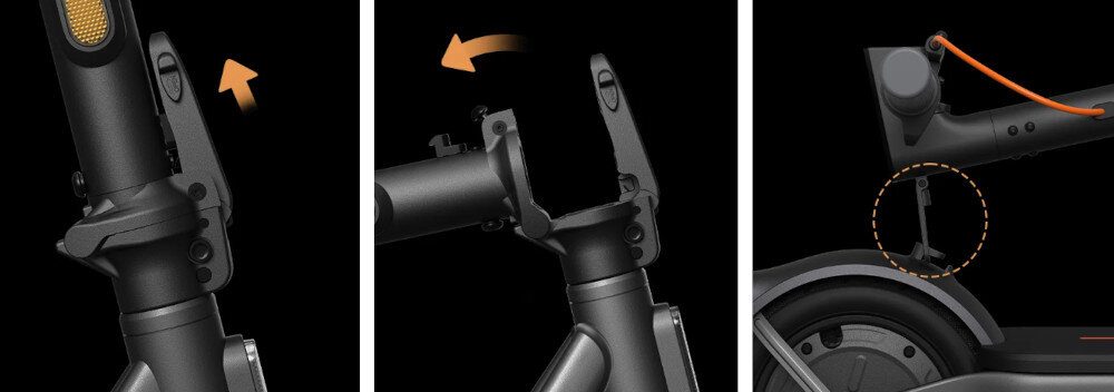 Hulajnoga elektryczna XIAOMI Electric Scooter 6 Lite Lite 25km 300W Amortyzacja 10 cali Czarny ciemne tło trzy zdjęcia pokazujące mechanizm składania składana konstrukcja do wymiarów 1140 x 555 mm łatwy transport prosty system składania zwolnienie mechanizmu pociągnięcie zatrzasku popchnięcie kierownicy do przodu