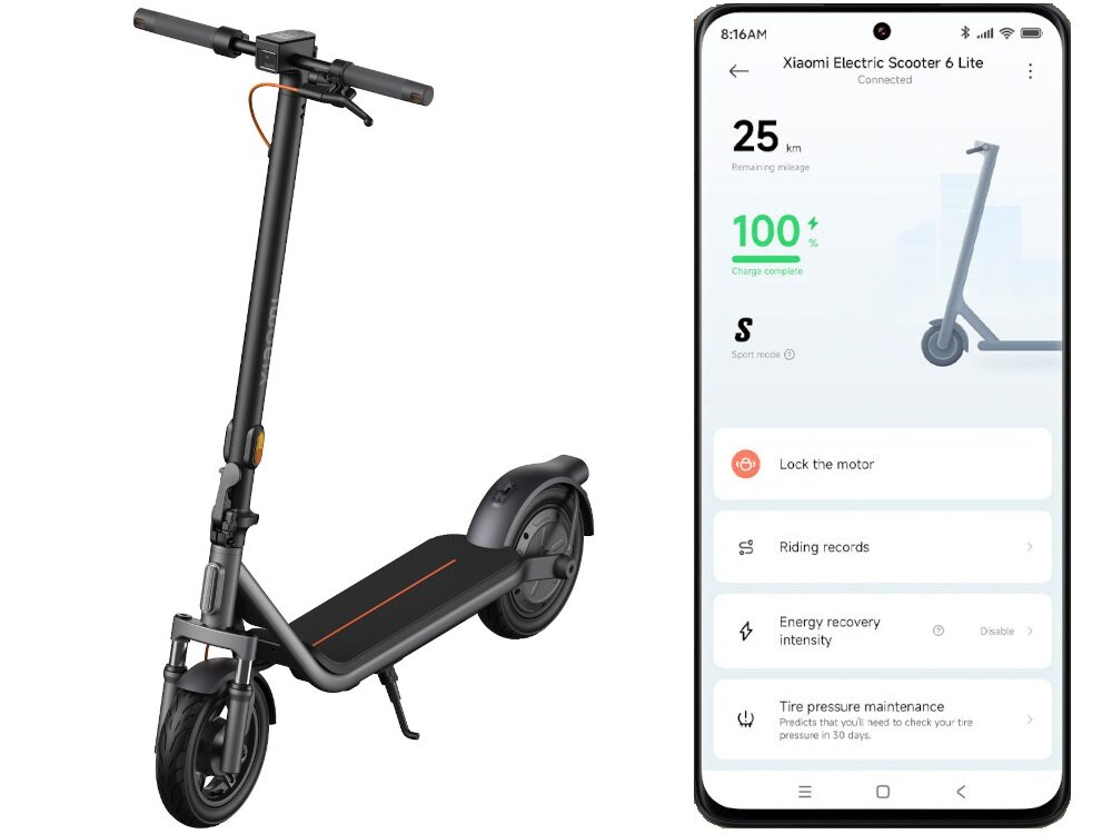 Hulajnoga elektryczna XIAOMI Electric Scooter 6 Lite Lite 25km 300W Amortyzacja 10 cali Czarny białe tło hulajnoga widoczna od przodu pod skosem obok zdjęcie telefonu z włączoną aplikacją moduł Bluetooth aplikacja XIAOMI Home App na system Android i iOS pełna kontrola nad pojazdem bezpośrednio ze smartfona dodatkowe funkcje diagnostyczne i statystyki jazdy