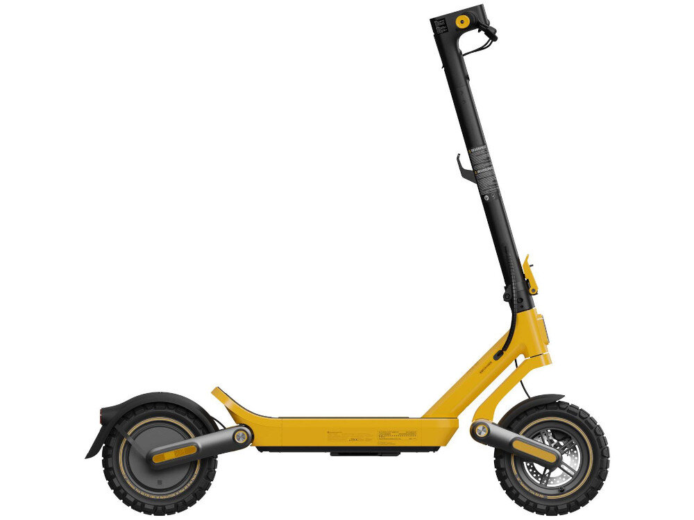 Hulajnoga elektryczna XIAOMI Electric Scooter 6 Ultra 75km 500W 2 Amortyzatory 12 cali Żółty hulajnoga na białym tle widoczna z boku niebieskie linie zaawansowany system KERS pozwala odzyskiwać energię podczas hamowania energia kinetyczna zamieniana jest w elektryczną i wraca do akumulatora realny zasięg hulajnogi