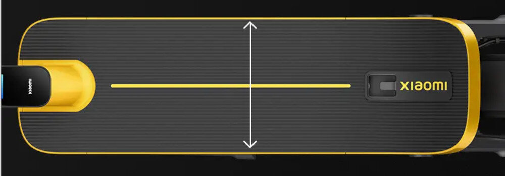 Hulajnoga elektryczna XIAOMI Electric Scooter 6 Ultra 75km 500W 2 Amortyzatory 12 cali Żółty ciemne tło widok na platformę widok z góry wygodna i intuicyjna obsługa stabilna platforma o szerokości 195 mm odpowiednio wyprofilowana kierownica ergonomiczny układ elementów sterowania maksymalny udźwig do 140 kg