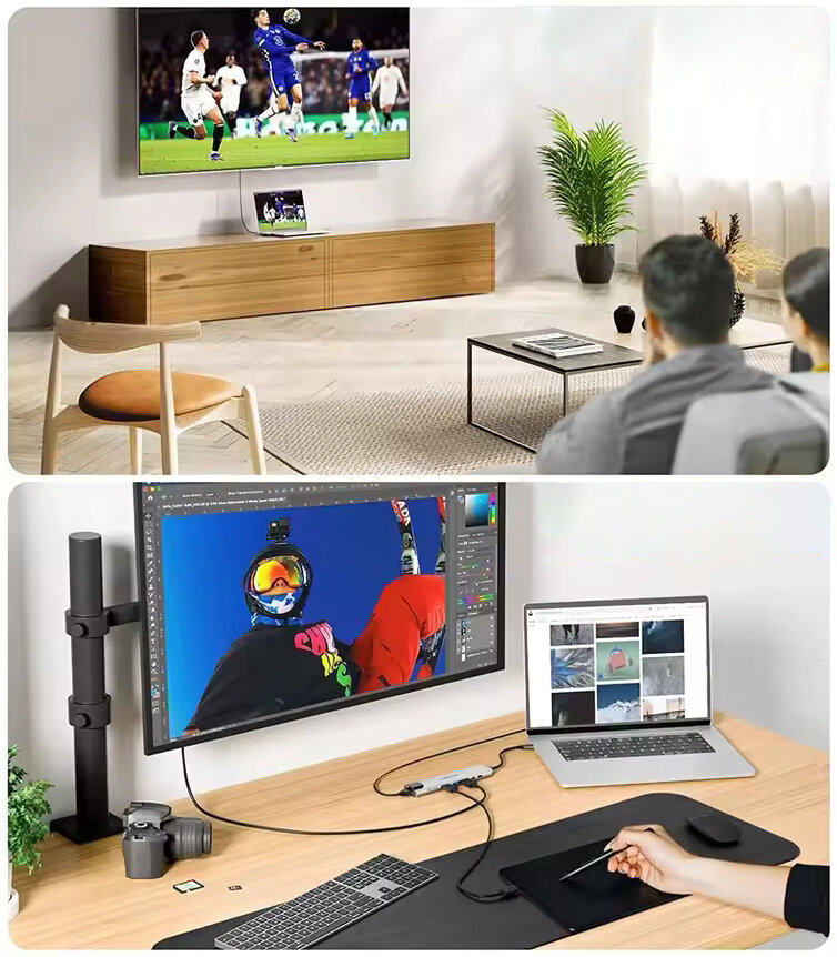 Na górnym zdjęciu widać salon z telewizorem wyświetlającym mecz piłki nożnej, a na dolnym zdjęciu biurko z dużym monitorem, laptopem i tabletem graficznym. Na biurku znajduje się także aparat fotograficzny i klawiatura.