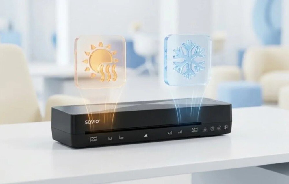 Laminator A4 SAVIO LR-01/B Nad czarnym laminatorem unoszą się dwie błękitne ikony przedstawiające słońce i płatek śniegu, co symbolizuje opcję pracy na gorąco i na zimno