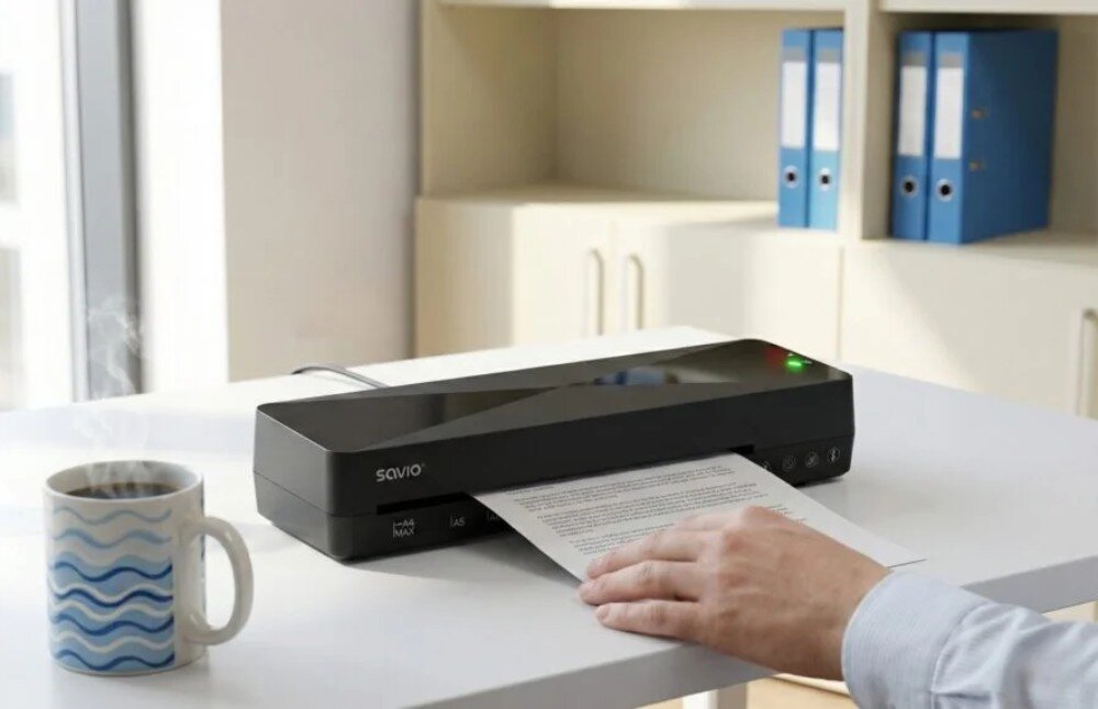 Laminator A4 SAVIO LR-01/B Męska ręka wsuwa kartkę z tekstem do czarnego urządzenia na biurku, na którym stoi również parujący kubek z kawą