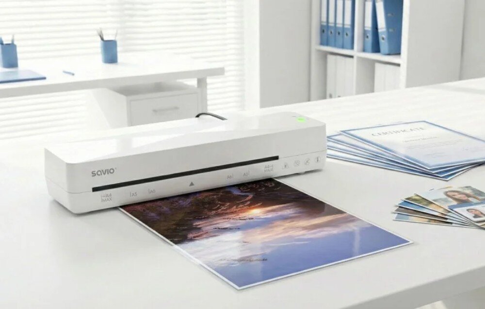 Laminator A4 SAVIO LR-01/W laminator stoi na białym biurku w biurze i wysuwa zalaminowane kolorowe zdjęcie krajobrazu, a obok leżą gotowe certyfikaty