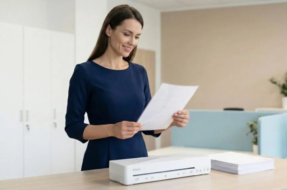 Laminator A4 SAVIO LR-01/W Uśmiechnięty mężczyzna w błękitnej koszuli stoi w biurze i trzyma w dłoniach zalaminowany dokument formatu A4 nad urządzeniem