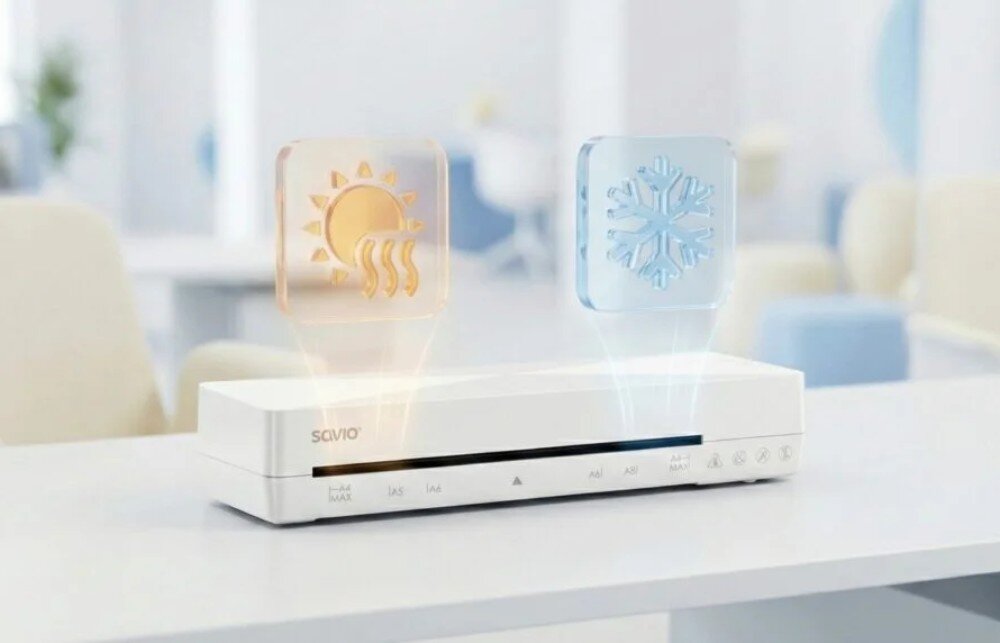 Laminator A4 SAVIO LR-01/W Nad laminatorem unoszą się dwie błękitne ikony przedstawiające słońce i płatek śniegu, co symbolizuje opcję pracy na gorąco i na zimno