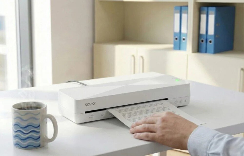 Laminator A4 SAVIO LR-01/W Męska ręka wsuwa kartkę z tekstem do urządzenia na biurku, na którym stoi również parujący kubek z kawą