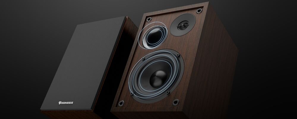 Głośniki GENESIS Arsen 302BT 2.0 zbalansowane brzmienie bas soprany multimedia, głośniki po skosie na czarnym tle