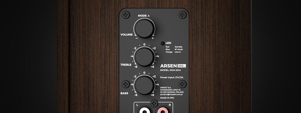 Głośniki GENESIS Arsen 302BT 2.0 equalizer przedni bass reflex regulacja dźwięku, kadr na pokrętła głośnika