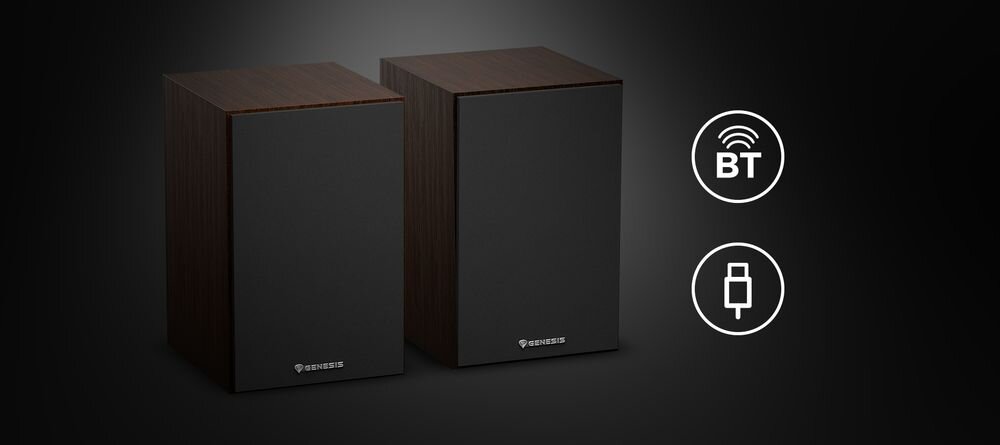 Głośniki GENESIS Arsen 302BT 2.0 Bluetooth bezprzewodowe połączenie komputer smartfon, głośniki po skosie na czarnym tle