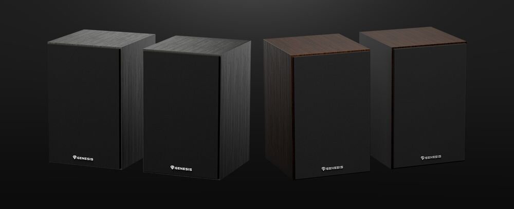 Głośniki GENESIS Arsen 302BT 2.0 design czarny brązowy stanowisko gracza, głośniki po skosie na czarnym tle w dwóch wersjach kolorystycznych