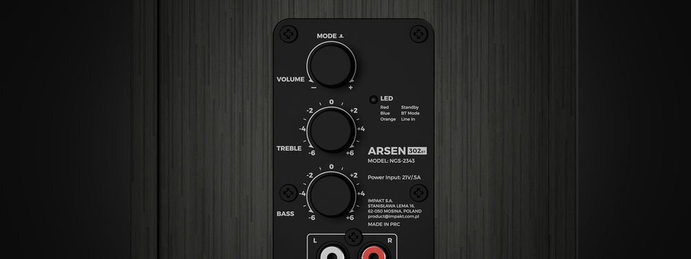 Głośniki GENESIS Arsen 302BT 2.0 equalizer przedni bass reflex regulacja dźwięku, kadr na pokrętła głośnika