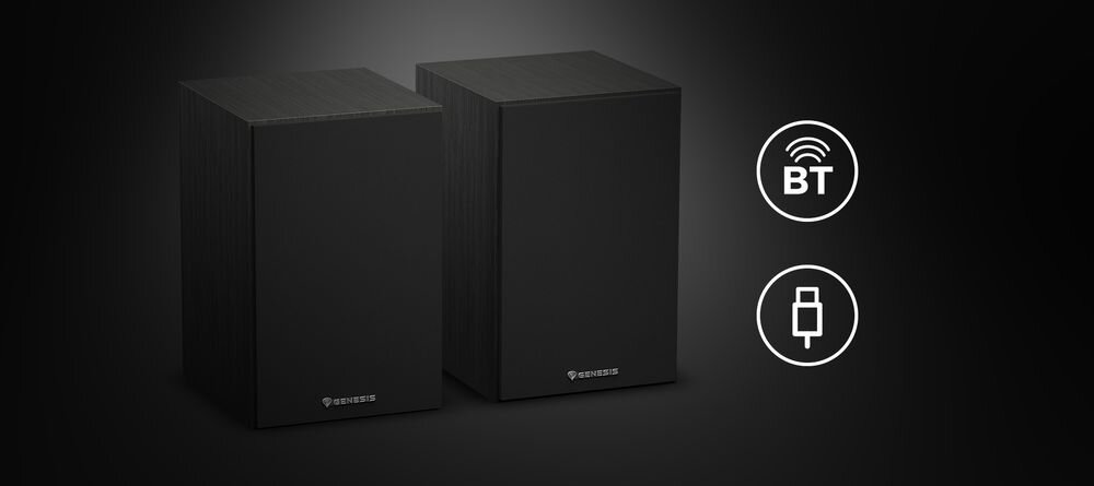Głośniki GENESIS Arsen 302BT 2.0 Bluetooth bezprzewodowe połączenie komputer smartfon, głośniki po skosie na czarnym tle