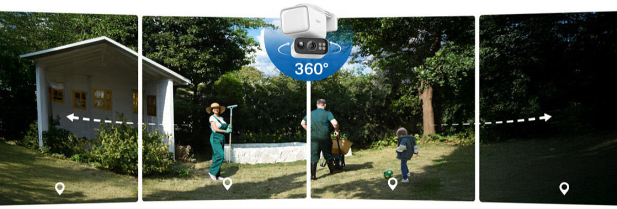 Kamera TP-LINK Tapo C615F Kit Zewnętrzna, Wi-Fi, Obrót, 360, monitoring, zasięg, Panorama 360 stopni ukazująca ruch osób w ogrodzie.