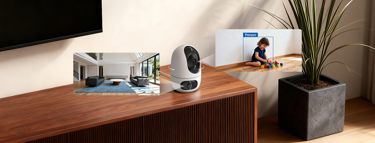 Kamera TP-LINK Tapo C245D Wewnętrzna, Wi-Fi, Kamera obrotowa, Podwójny, widok, kamera, kontrola, Porównanie zbliżenia z dwóch różnych soczewek.
