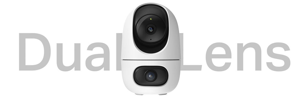 Kamera TP-LINK Tapo C245D Wewnętrzna, Wi-Fi, Kamera obrotowa, Obiektywy, szeroki, tele, widoczność, Zbliżenie na dwie soczewki urządzenia.