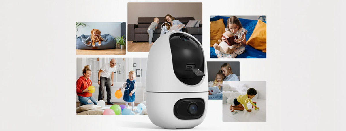 Kamera TP-LINK Tapo C245D Wewnętrzna, Wi-Fi, Kamera obrotowa, Nagrania, pamięć, chmura, bezpieczeństwo, Kolaż scen domowych z kamerą w centrum.