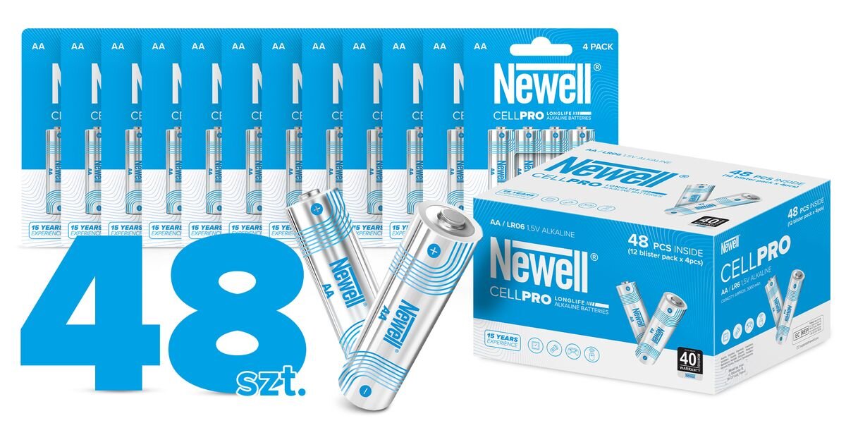 Baterie AA LR6 NEWELL CellPro NL4666 (48 szt.), moc, napięcie, baterie, aa, Zestaw czterech baterii AA Newell CellPro w opakowaniu typu blister oraz 4 baterie, trzy stoją jedna leży