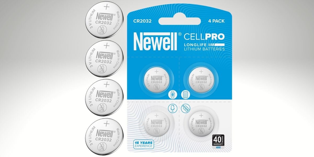 Baterie CR2032 NEWELL CellPro NL4610 (4 szt.), Blister z czterema bateriami CR2032 marki Newell oraz cztery pojedyncze ogniwa ułożone pionowo na jasnym tle, pilit, blister, pewność, 10 lat