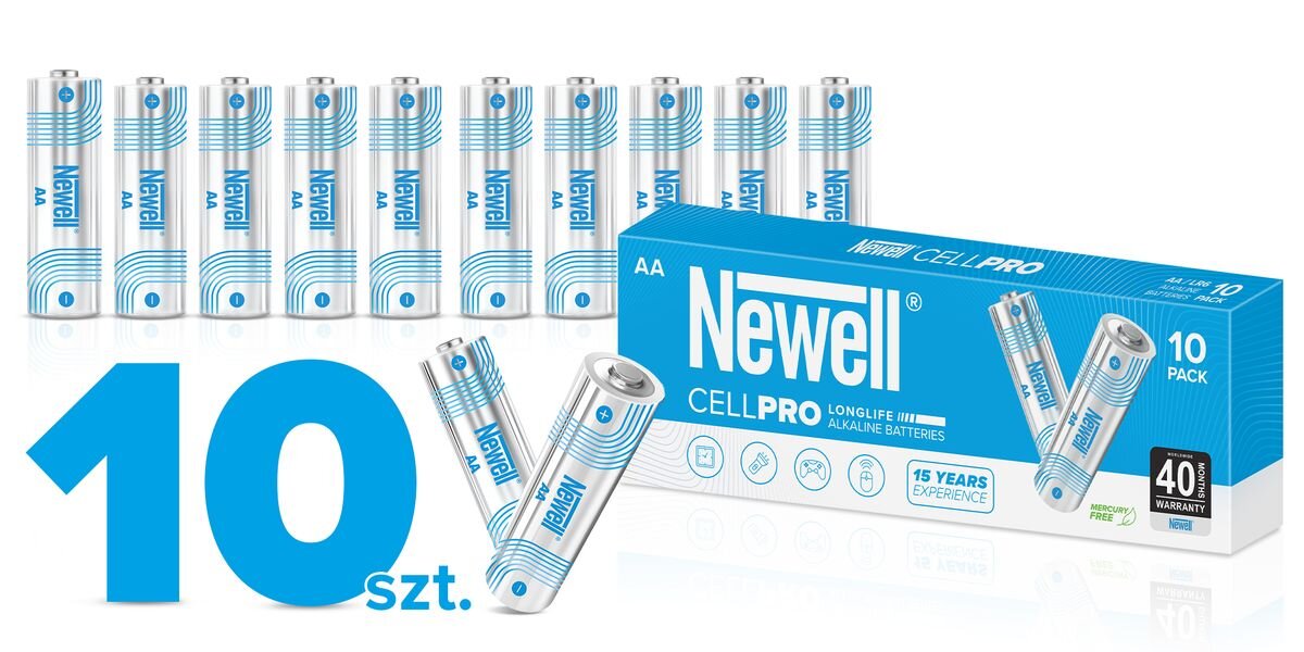 Baterie AA LR6 NEWELL CellPro NL4608 (10 szt.), moc, napięcie, baterie, aa, Zestaw czterech baterii AA Newell CellPro w opakowaniu typu blister oraz 4 baterie, trzy stoją jedna leży