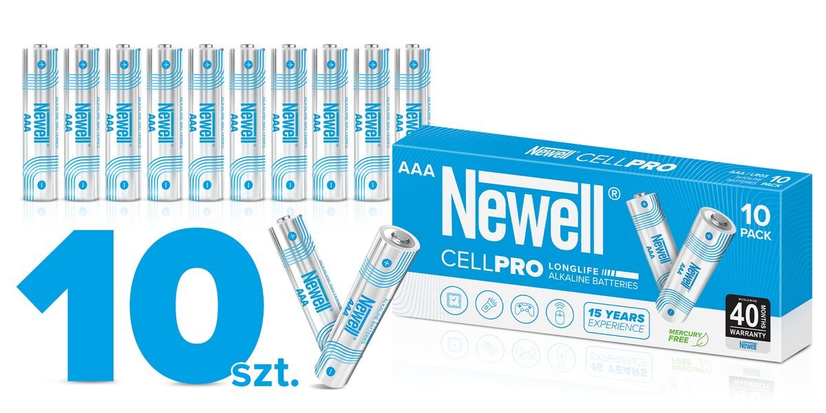 Na obrazie widoczne są baterie AAA marki Newell CellPro, opakowanie zawiera 10 sztuk. Na pudełku znajdują się napisy: \'AAA Newell CELLPRO\', \'10 PACK\', \'15 YEARS EXPERIENCE\', \'MERCURY FREE\', \'40 MONTH WARRANTY\'.