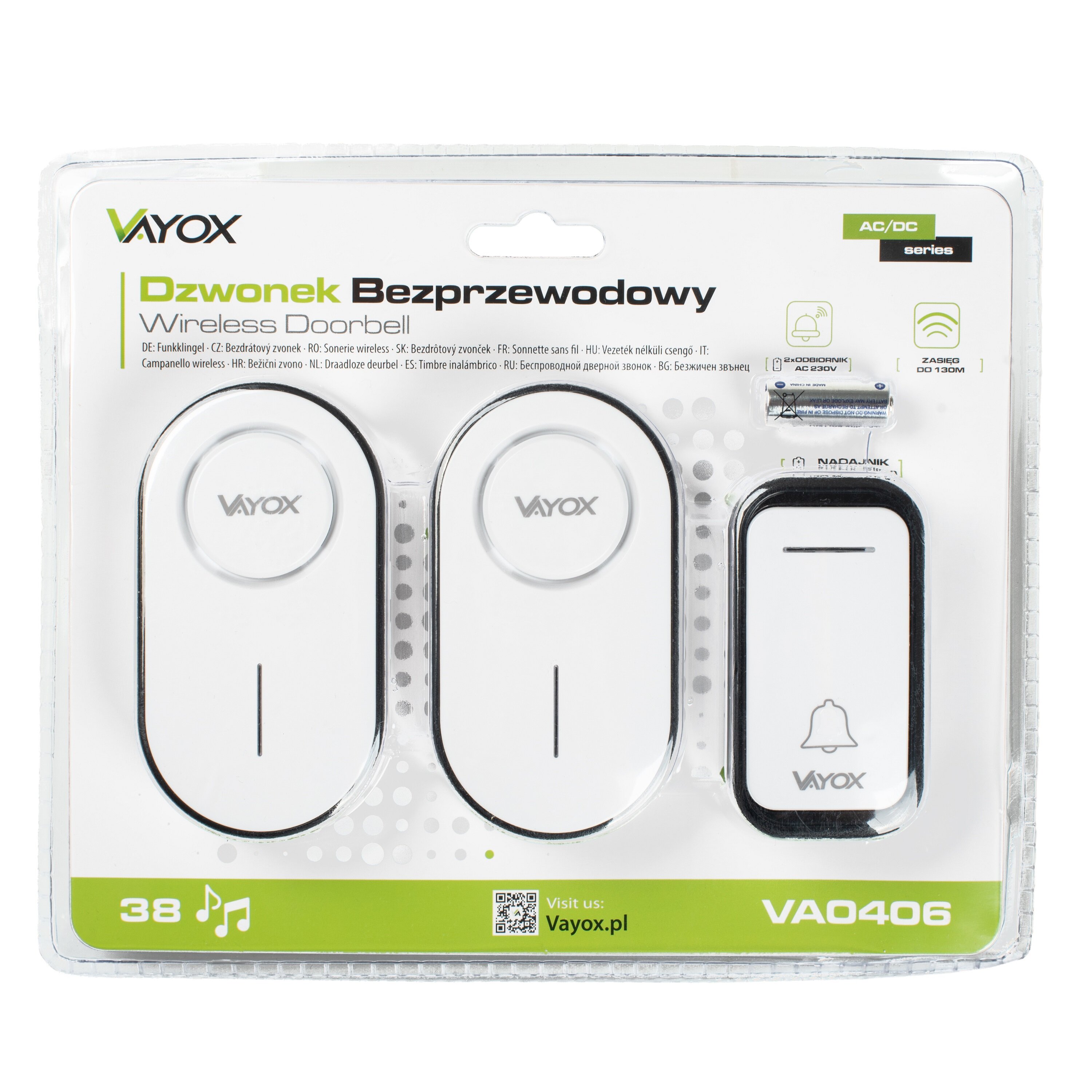 Opakowanie zawiera dwa białe odbiorniki i jeden przycisk dzwonka do drzwi z logo VAYOX. Na opakowaniu widnieje napis \'Dzwonek Bezprzewodowy Wireless Doorbell\' oraz model VA0406.