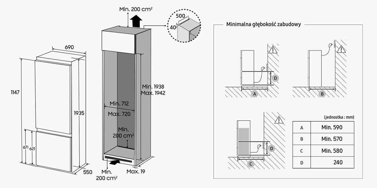 Wymiary - Samsung lodówka z zamrażalnikiem BRB38G705DWW w Media Expert