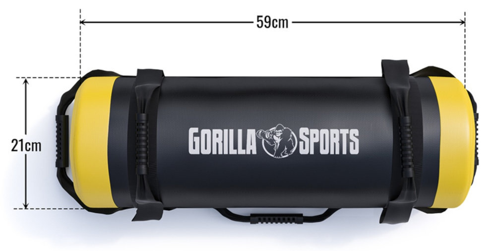 GORILLA SPORTS Sandbag wymiary 59 x 21 cm 15 kg antypoślizgowym uchwytom piasku metalowego sztuczna skóra przysiadach, martwym ciągu, wyciskaniu, jak i podciąganiu - worek od góry z wymiarami