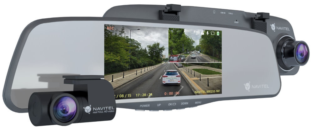 Wideorejestrator NAVITEL MR 255 NV nakładki na lusterko wsteczne kamerą tylną dwukanałowy zapis Full HD sensorowi optycznemu GC2053 trybem nocnym 160° microSD 256 GB
