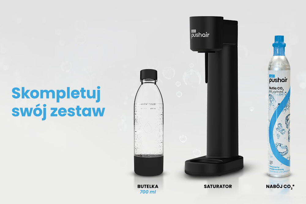 Saturator DAFI Pushair Czarny + 2 butelki bezprzewodowy butelka zakręcana regulacja stopnia nasycenia