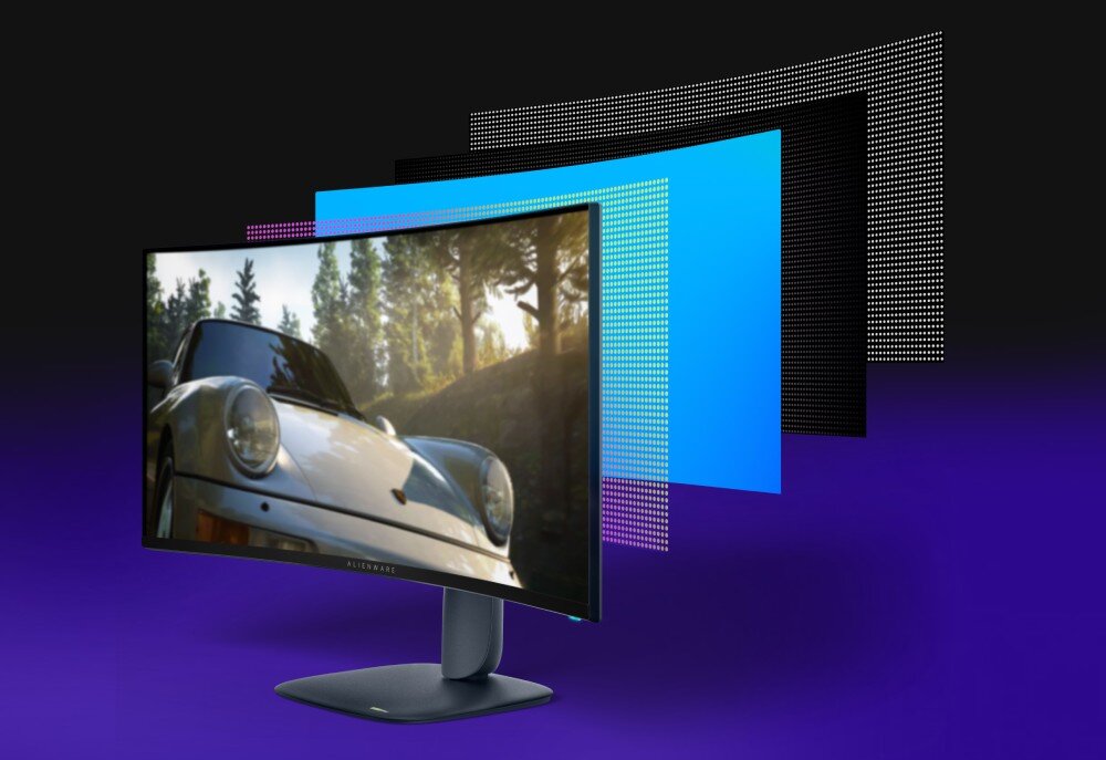 Monitor DELL Alienware AW3425DW Schemat technologiczny prezentujący rozłożone warstwy budowy zakrzywionej matrycy monitora