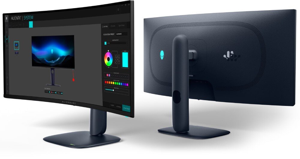 Monitor DELL Alienware AW3425DW Grafika podzielona na dwie części ukazująca z lewej strony menu ustawień monitora a z prawej tył jego obudowy