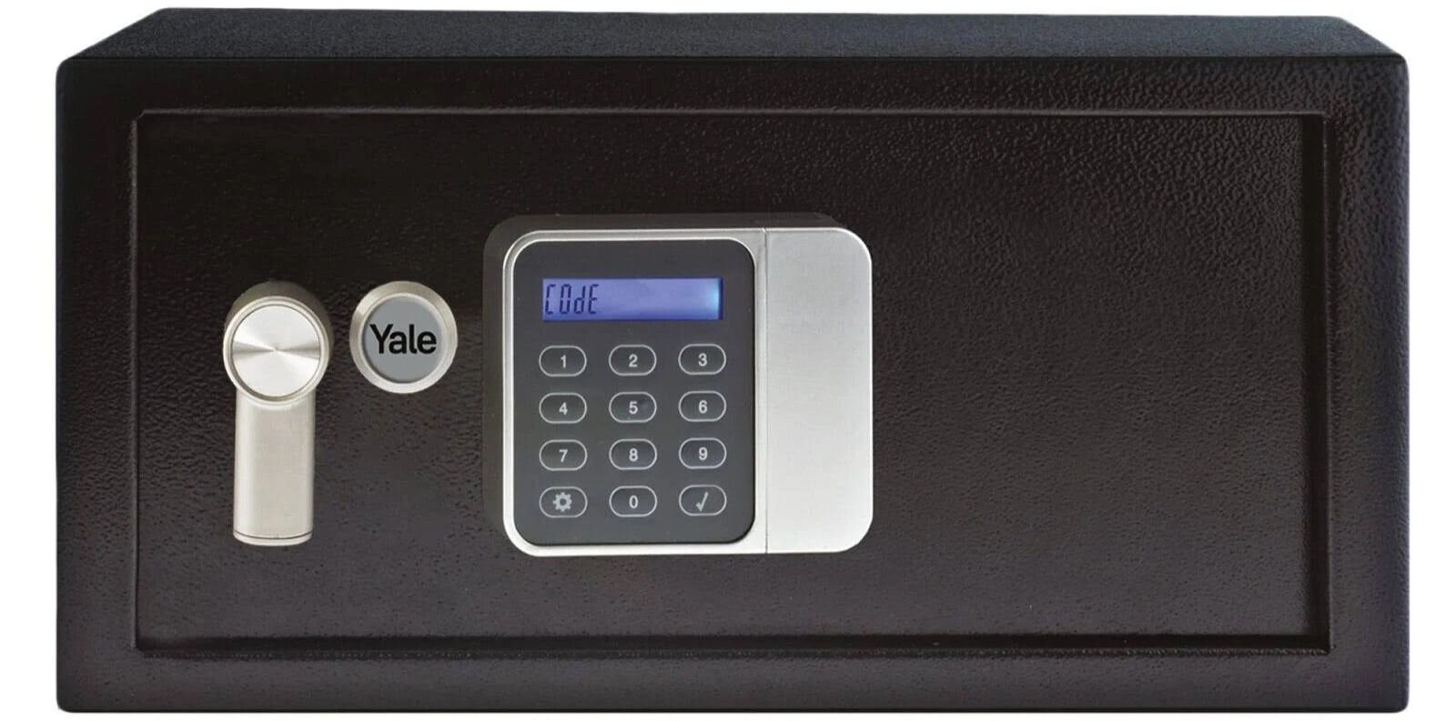 Sejf YALE YLG 200 DB2, zabezpieczenie, konstrukcja, panel elektroniczny, kontrola, na białym tle sejf pionowo frontem na wprost