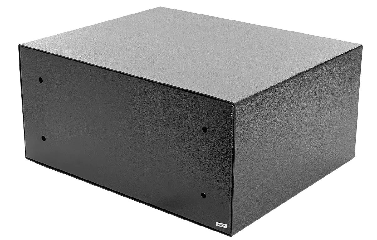 Sejf YALE YLG 200 DB2, bateria, zasilanie, klucze, zestaw, na białym tle sef od tyłu prawo skos