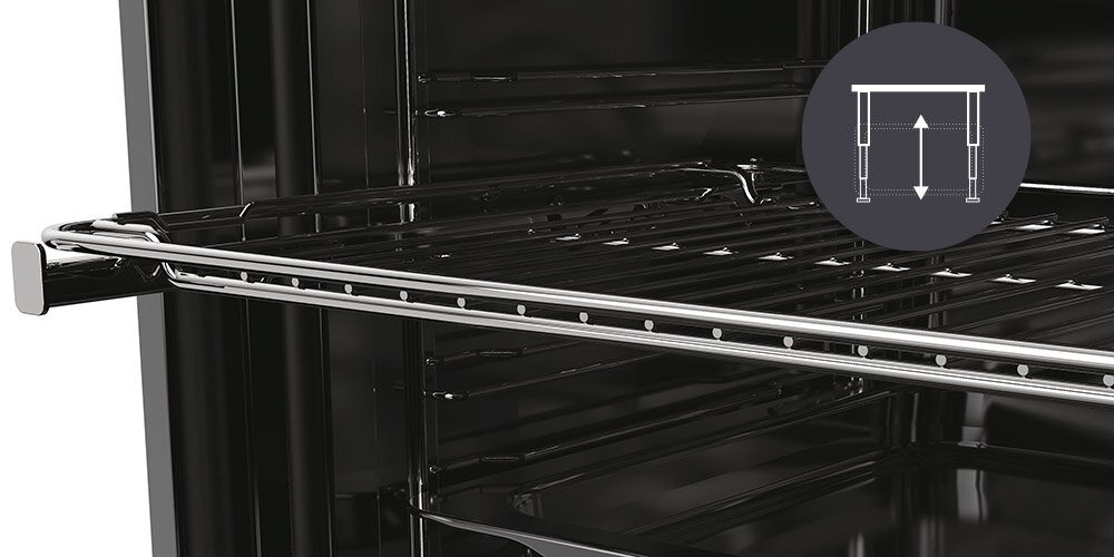 PIEKARNIK CANDY FIDC X605 CA lifestyle infografika otwarty wnętrze ruszt prowadnice teleskopowe łatwe całkowite wysuwanie bezpieczny wygodny dostęp