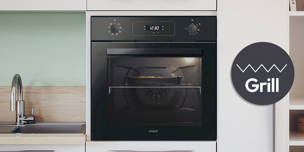 PIEKARNIK CANDY FIDC X605 CA lifestyle front zamknięty zabudowa infografika kuchnia grill elektryczny grillowanie aromat smak chrupiące przypieczone