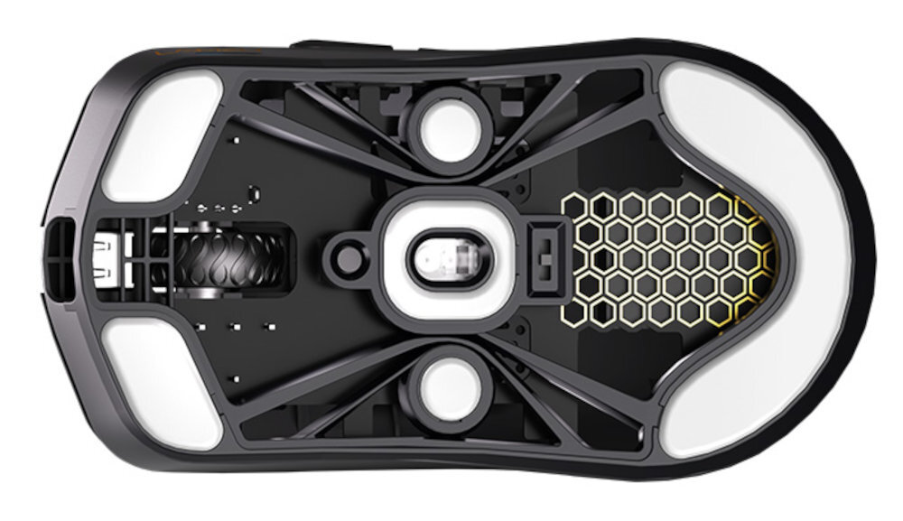 LAMZU Maya X baterię o pojemności 250 mAh 80 godzin pracy na jednym ładowaniu - mysz od spodu na białym tle