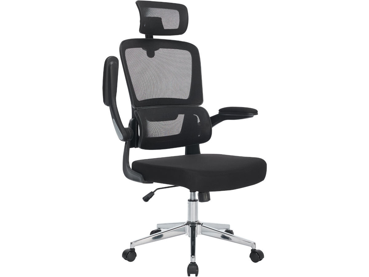 Fotel MOZOS Ergo-K Czarny, konstrukcja, zaprojektowany, wsparcie, komfort, na białym tle krzesło frontem prawo skos