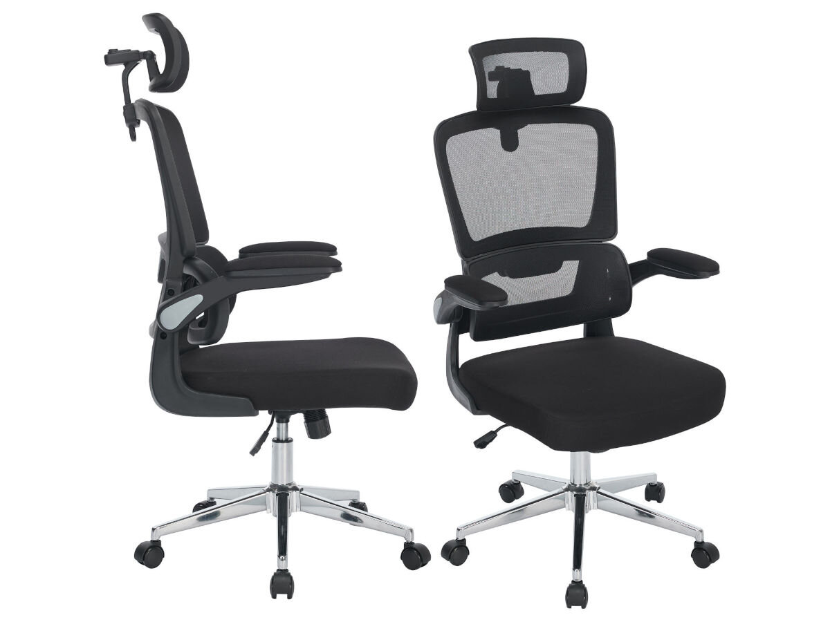 Fotel MOZOS Ergo-K Czarny, wysokość, siedzisko, dopasowanie, regulacja, na białym tle krzesła w 2 pozycjach bokiem oraz frontem lewo skos