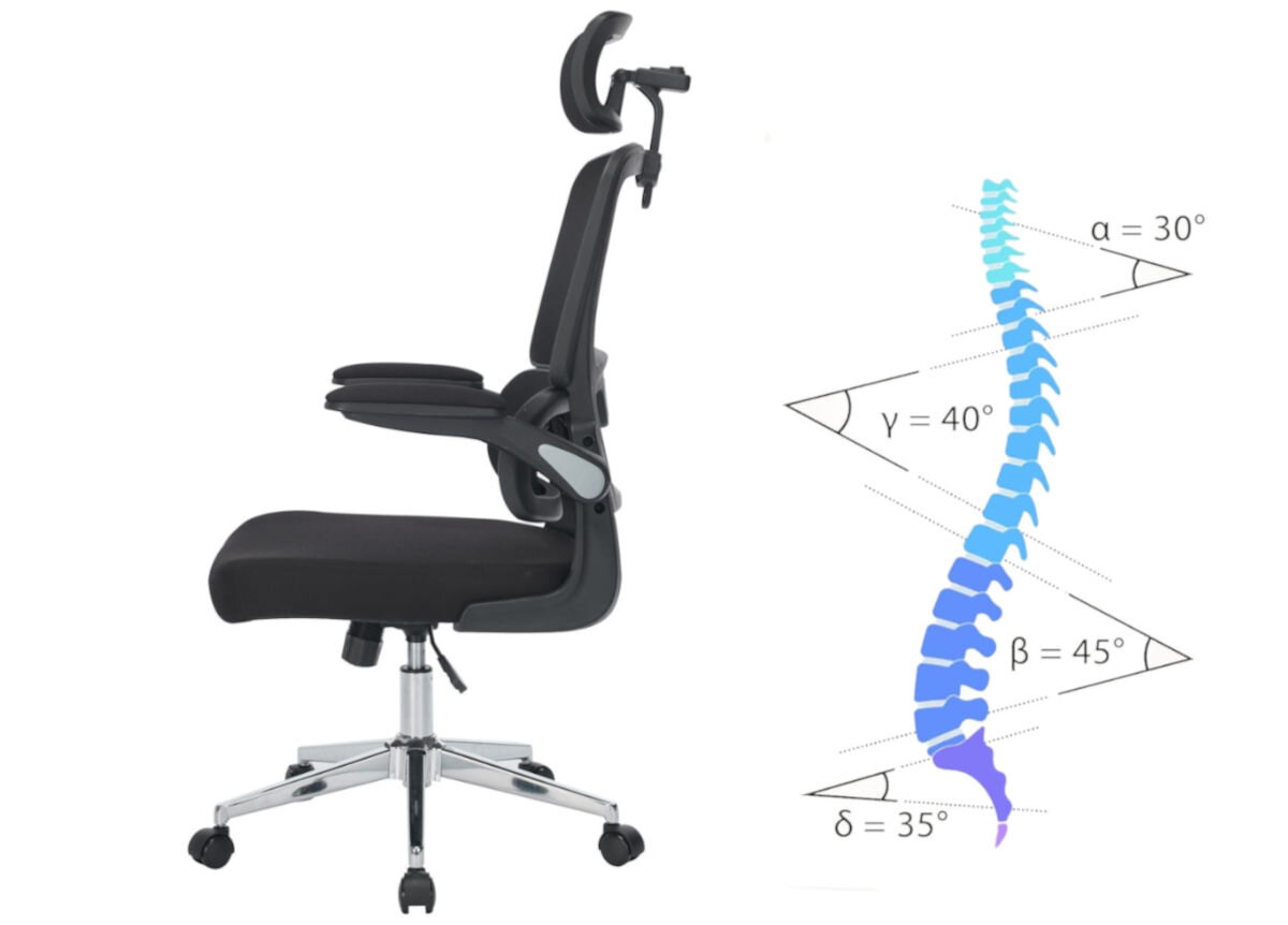 Fotel MOZOS Ergo-K Czarny, zaprojektowane, dopasowanie, zagłówek, oparcia, na białym tle krzesło od lewego boku waz z wizualizacją kręgosłupa