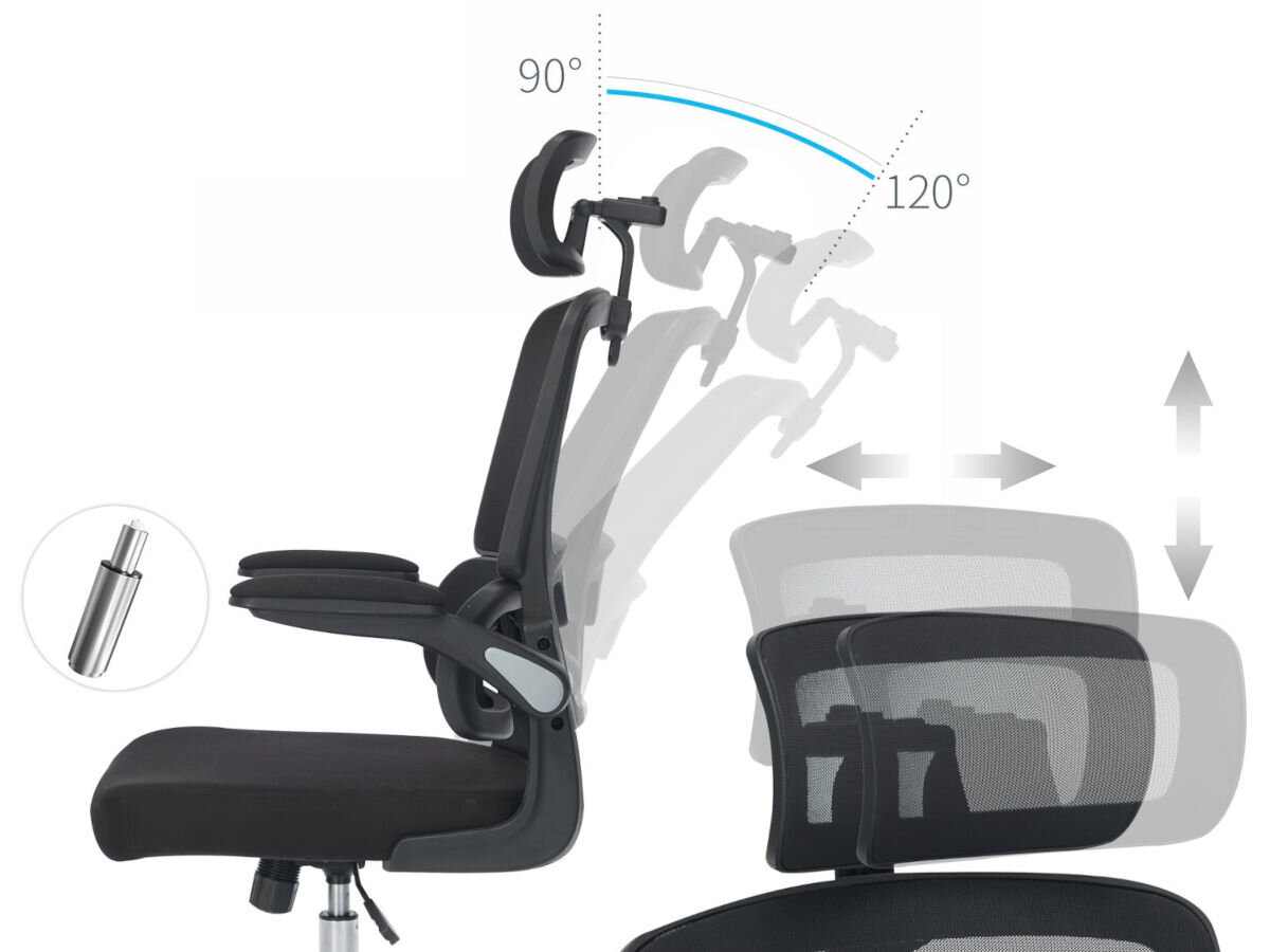 Fotel MOZOS Ergo-K Czarny, odchylanie, stopnie, relaks, regulowanie, na białym tle krzesła z wizualizacją regulacji kąta nachylenia