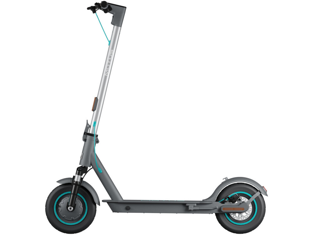 Hulajnoga elektryczna MOTUS Scooty 10 Lite Gen 6 30km 350W Amortyzacja 10 cali Szary hulajnoga widoczna z boku zdjęcie na białym tle 10-calowe koła dętkowe o niskim oporze toczenia duża przyczepność płynna i oszczędna jazda absorbują wstrząsy i nierówności terenu stabilna i wygodna jazda duża elastyczność podczas jazdy