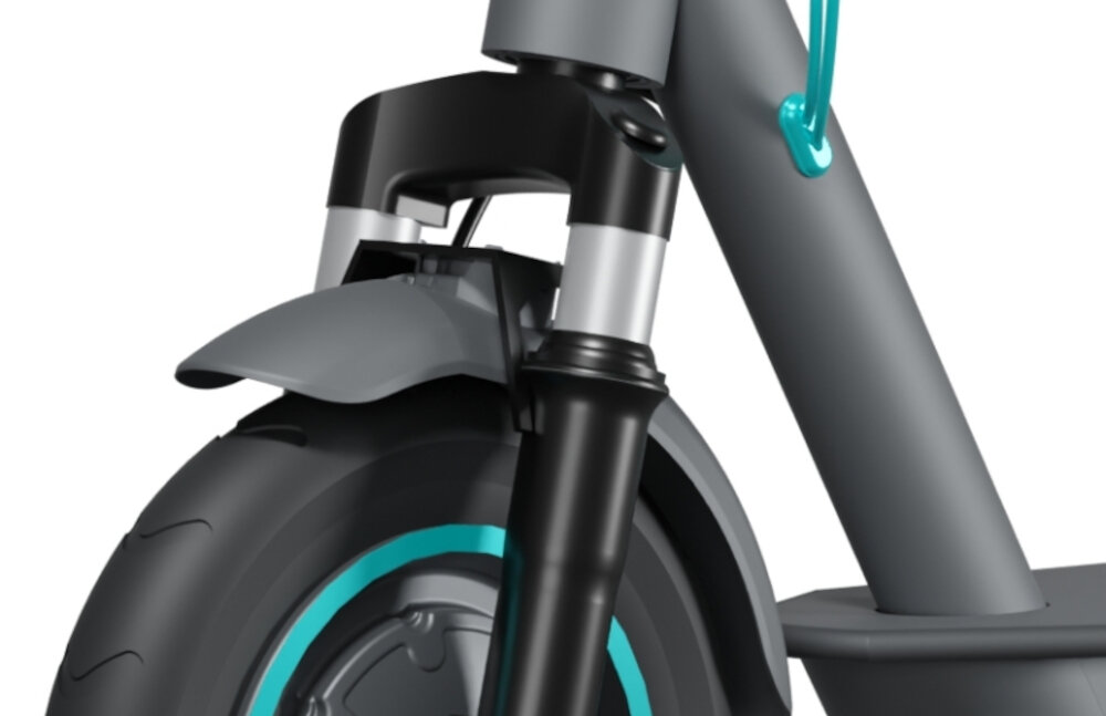 Hulajnoga elektryczna MOTUS Scooty 10 Lite Gen 6 30km 350W Amortyzacja 10 cali Szary zbliżenie na przedni amortyzator przedni amortyzator profesjonalny system zawieszenia skutecznie tłumi wstrząsy wygodne podróżowanie