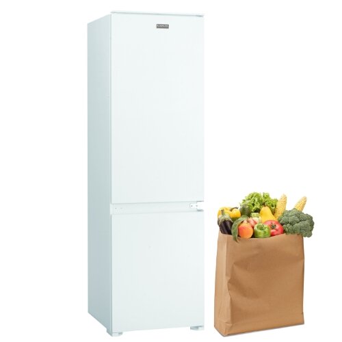 Lodówka MPM-259-KBI-16/E, obok papierowa torba wypełniona warzywami i owocami.